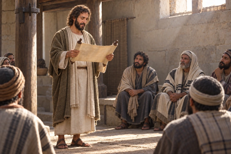 Jesus stands reading an open scroll as seated synagogue listeners attend to Him.
