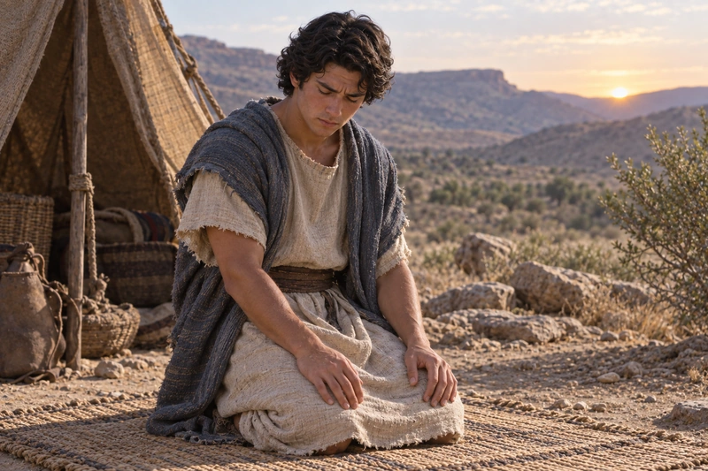 Young Nephi kneels beside a tent with his head bowed in prayer.