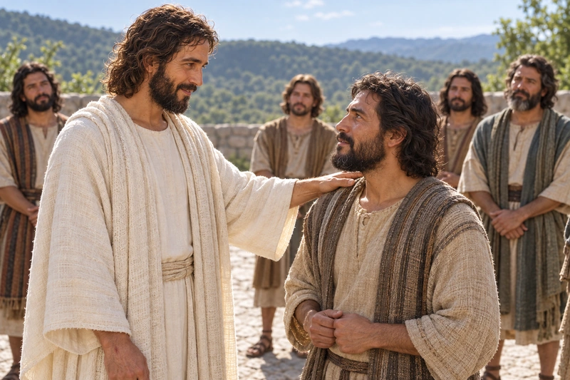The risen Jesus rests His hand on a chosen disciple’s shoulder as they look at one another.