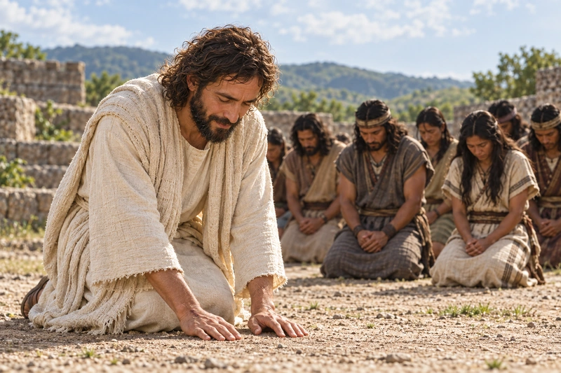 The risen Jesus kneels with His hands on the ground a little apart from a praying gathering.