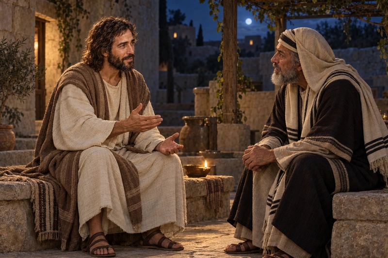 Jesus speaks with Nicodemus by lamplight at night.