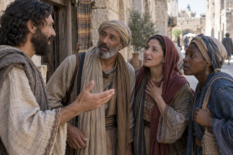 Visitors in Jerusalem listen with surprise as a disciple speaks to them.