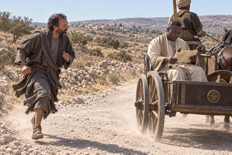 Philip runs toward a chariot while the Ethiopian traveler reads a scroll.