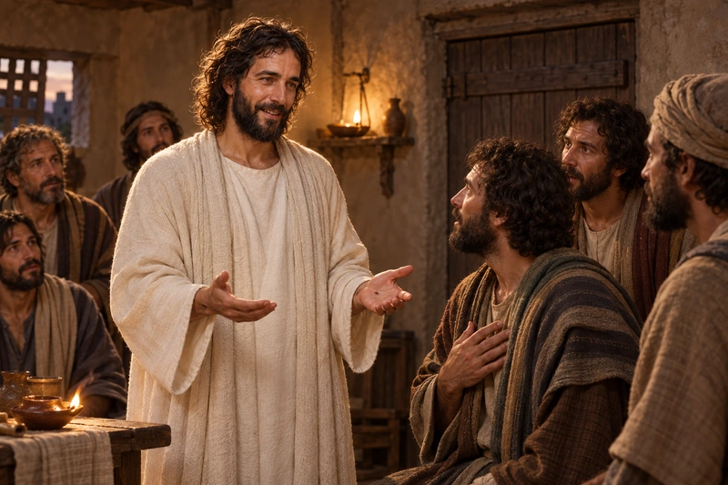 The risen Jesus stands among His disciples and speaks to them.