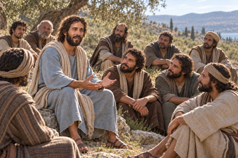 Jesus sits outdoors teaching a gathered group of attentive disciples.