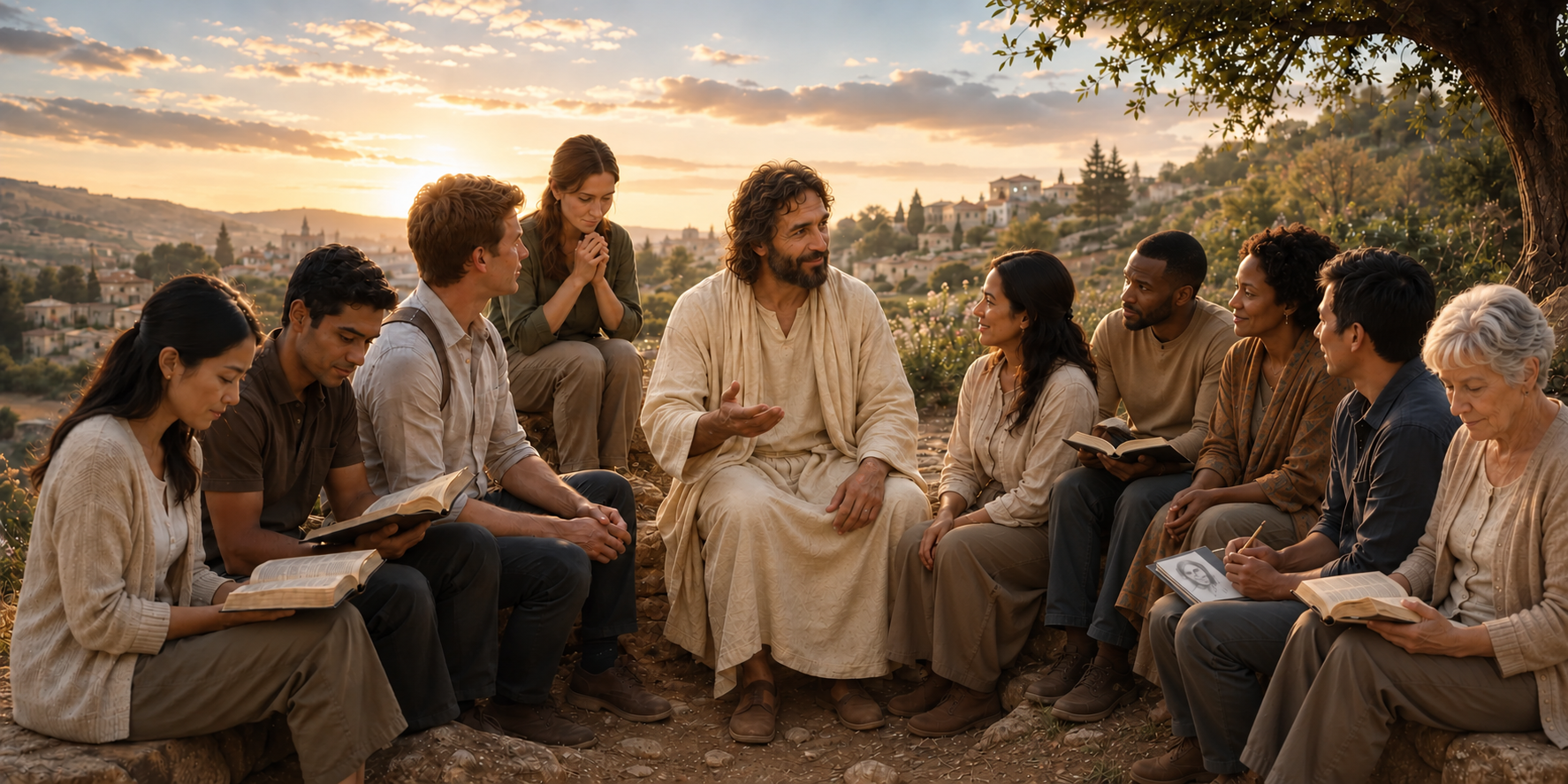 Jesus Christ welcoming a diverse group gathered in scripture study, prayer, conversation, and sacred art