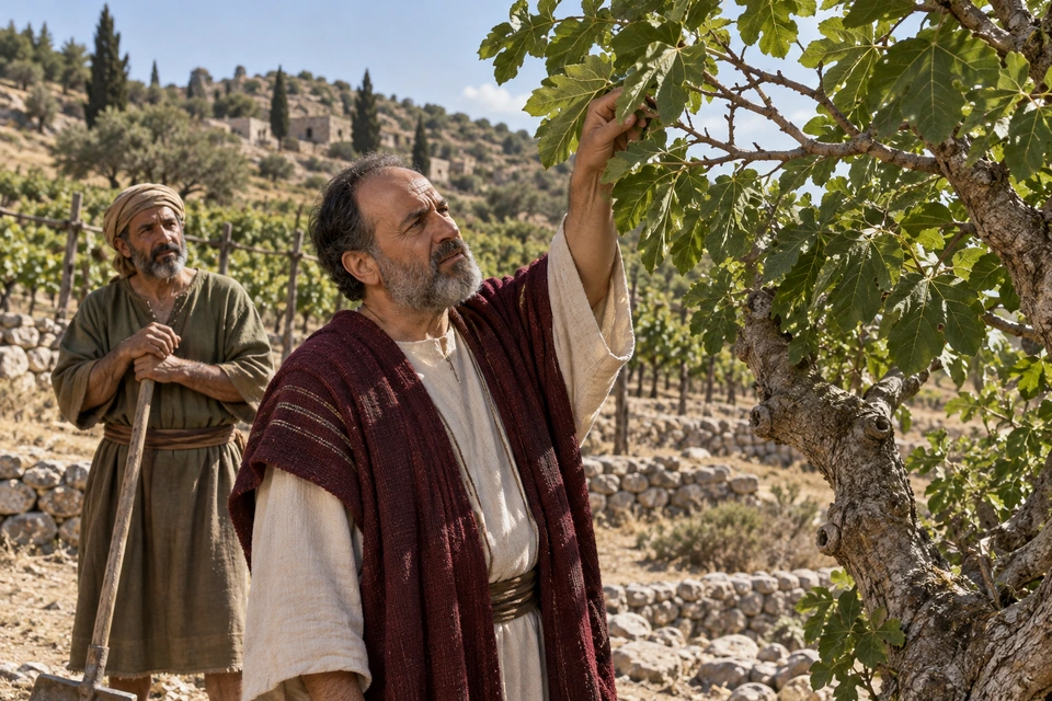 An owner lifts the leaves of a fig tree while a gardener holding a long-handled tool watches nearby.