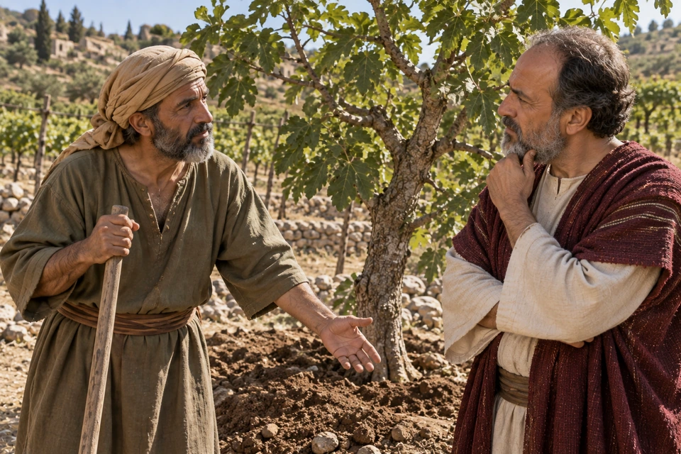 A gardener holding a wooden tool handle gestures toward the fig tree while its owner listens with a hand at his beard.