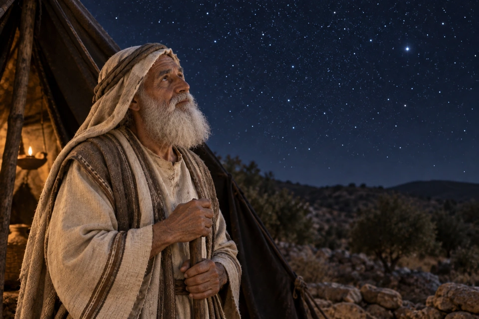 An older bearded Abram stands outside a lamplit tent, gazing up at the stars.