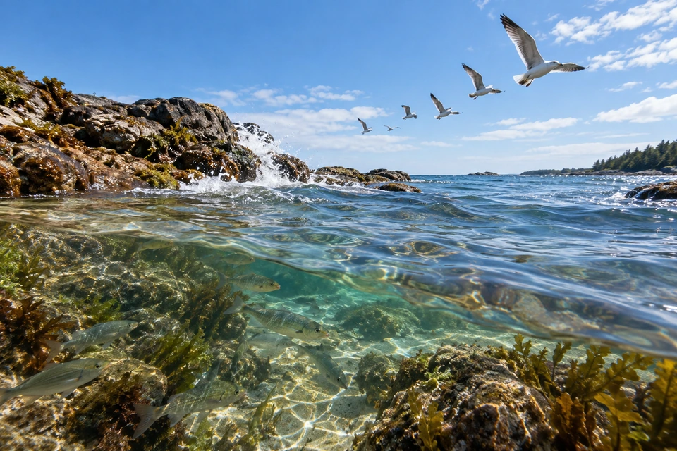 Fish swim beneath clear coastal water while seabirds fly above the rocky shore.