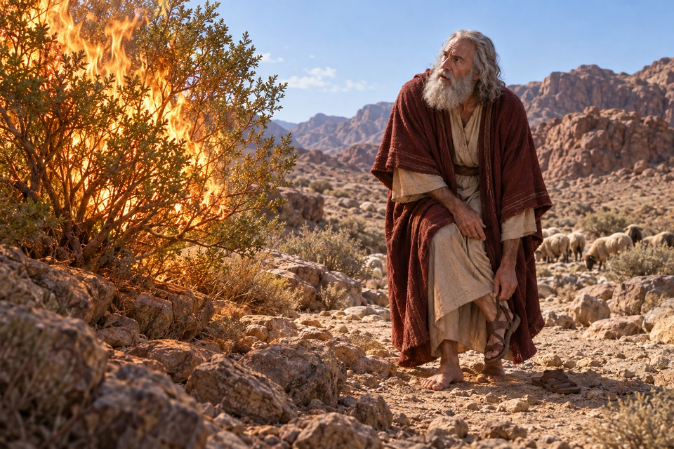Gray-haired Moses removes a sandal beside a burning shrub, with sheep on the rocky slope behind him.