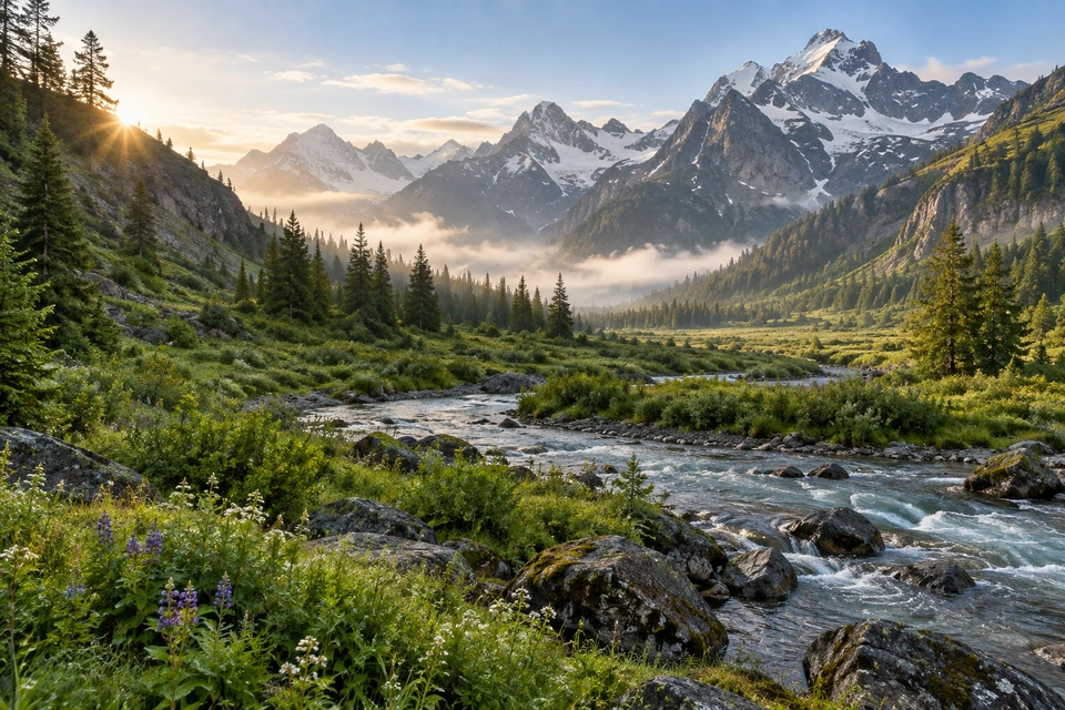 Sunlight reaches a green mountain valley where a river flows past wildflowers and pines beneath snowy peaks.