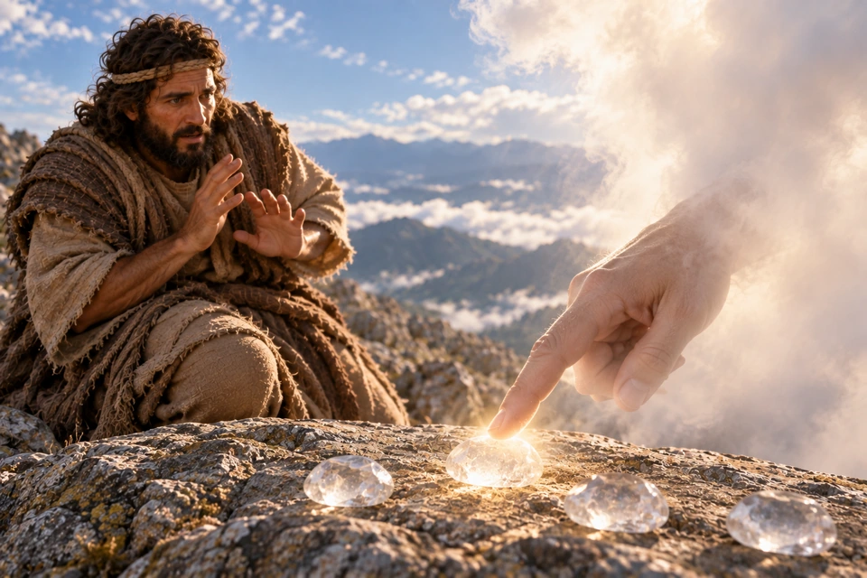 The brother of Jared recoils beside clear stones as a finger touches one shining stone.