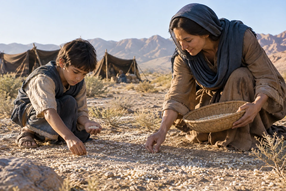 A woman and a boy gather small pale grains from the ground beside a wilderness camp.