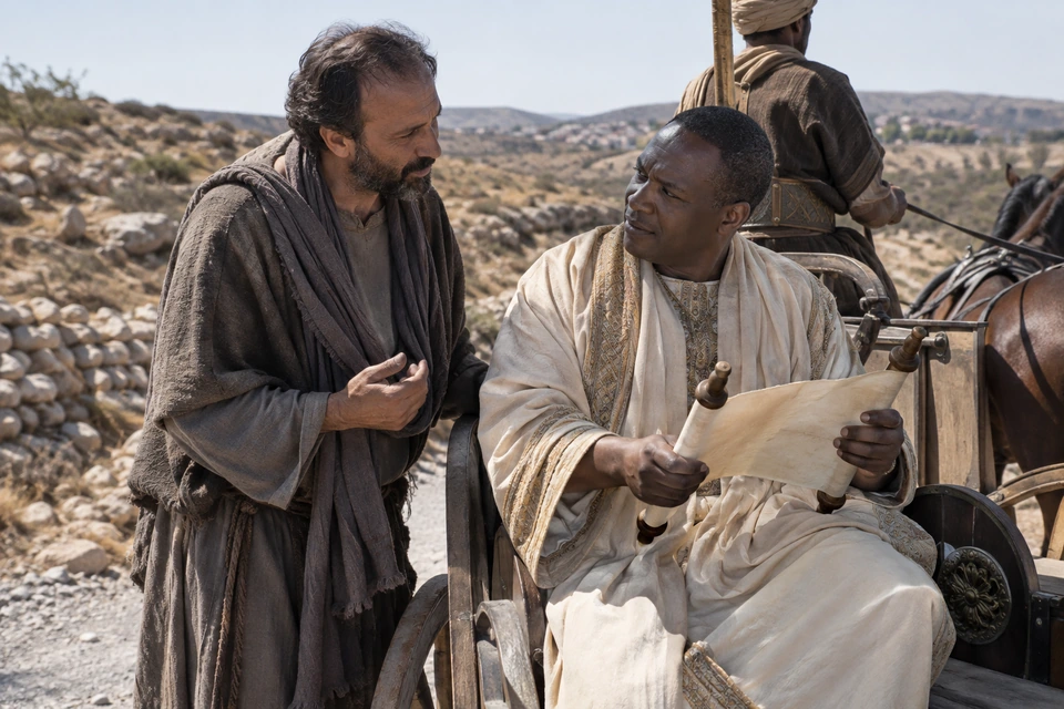 An Ethiopian official holds an open scroll in a chariot and looks toward Philip standing beside him.