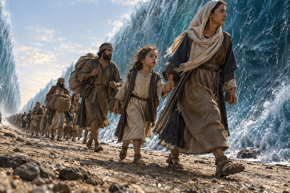 A woman holding a child's hand walks with other travelers on exposed ground between walls of water.