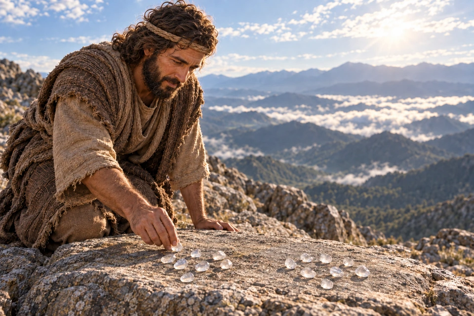 The brother of Jared kneels on a mountain and arranges sixteen pale translucent stones in two groups on a flat rock.