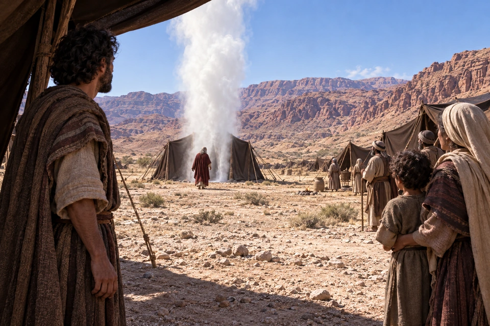 People stand near their tents and watch Moses at a separate tent beneath a tall cloud.