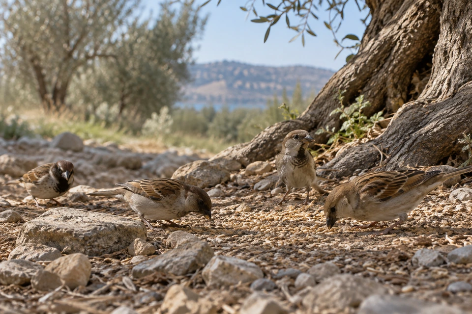 Four small brown birds stand or peck at scattered seeds on stony ground beside the roots of an olive tree.