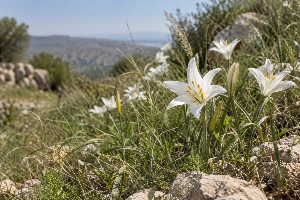 White lily-like flowers and unopened buds rise among grasses and stones on a sunlit hillside.