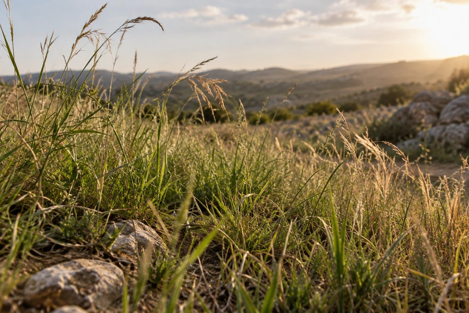 Green grass blades and dry golden stalks grow among stones, with sunlit hills in the distance.