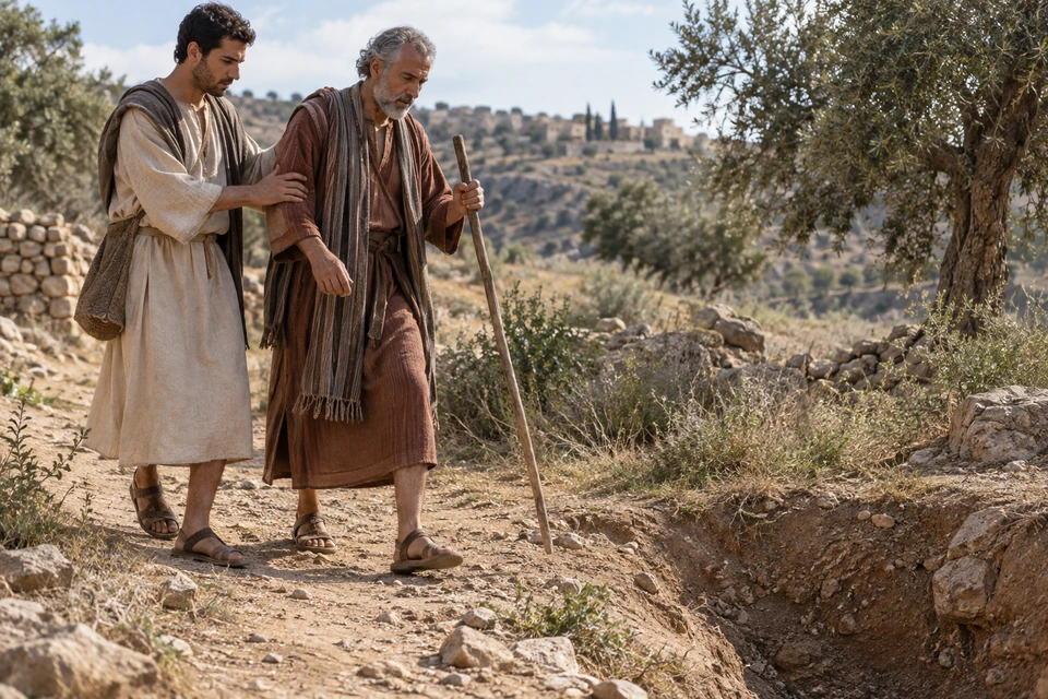 Two travelers move beside a rough ditch; the older man holds a wooden staff while the younger man behind him rests a hand on his upper arm.