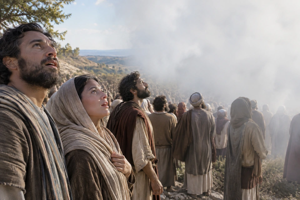 People look upward as a dense cloud obscures the gathering ahead of them.