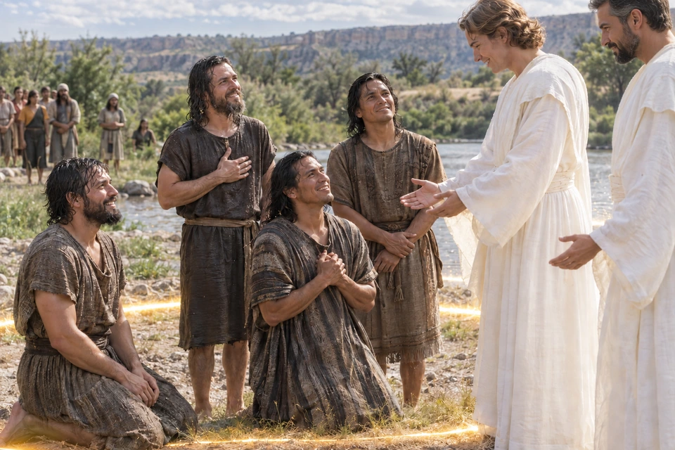 Four disciples near the water look toward two white-robed angels while light surrounds the group.