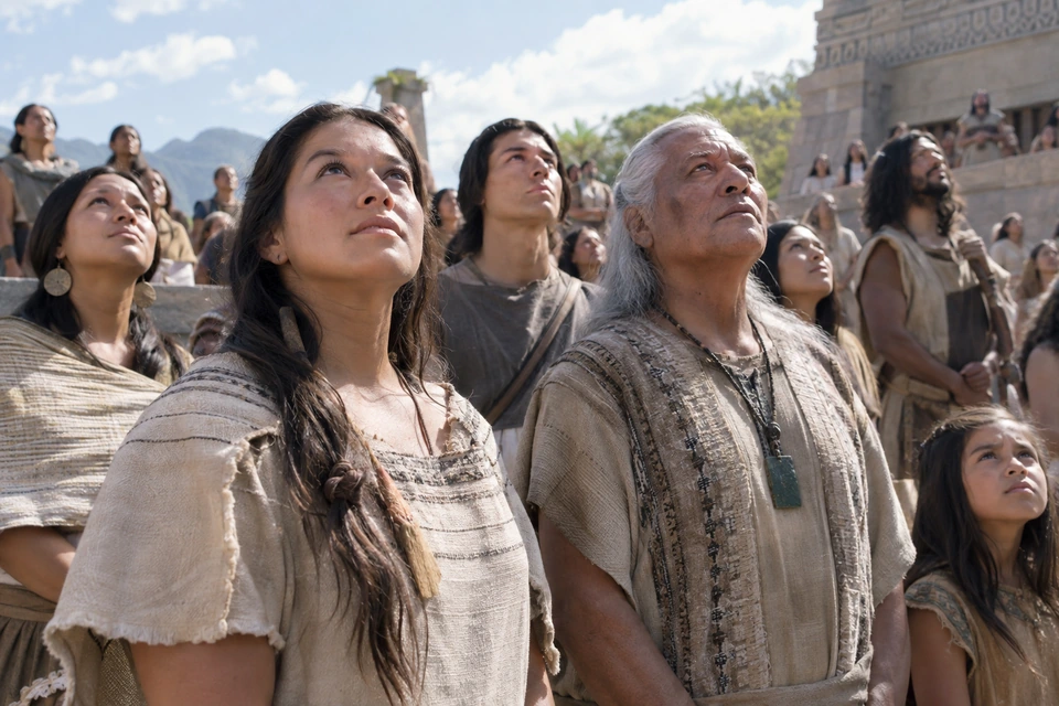 People gathered near the temple lift their faces toward the sky.