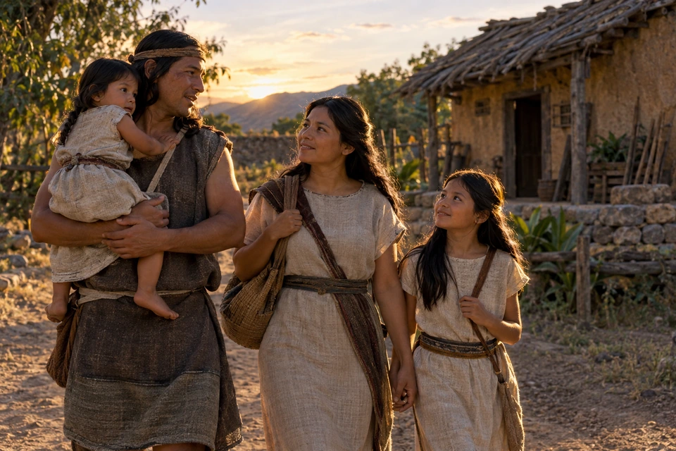 Two adults and two children walk beside a modest dwelling, with the younger child carried in an adult's arms.