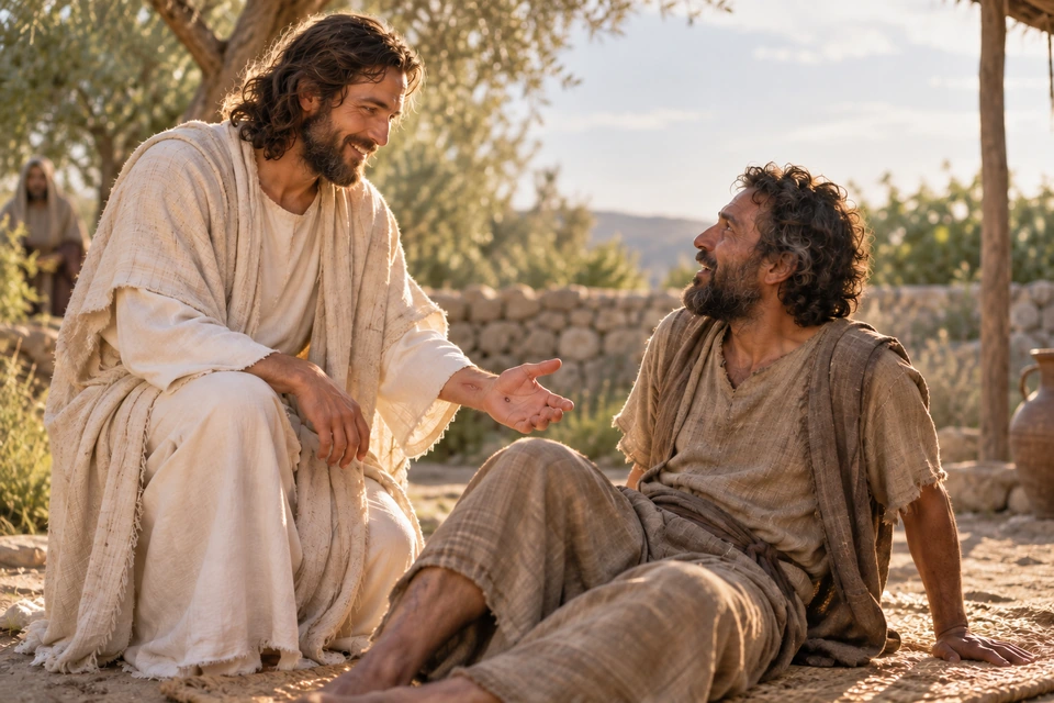 Jesus bends toward a man sitting upright on a woven mat and extends a hand bearing healed marks.