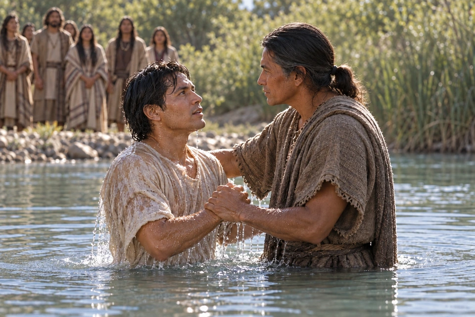 Nephi meets a younger disciple's eyes while supporting him in the water after baptism.