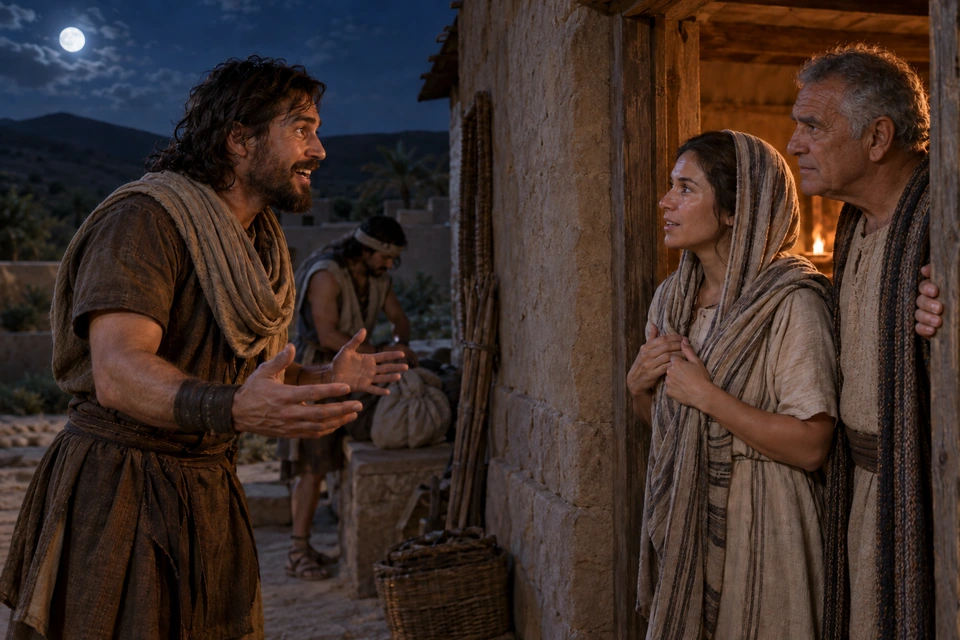 A messenger speaks to a woman and an older man in a doorway while another traveler handles a cloth bundle behind him.