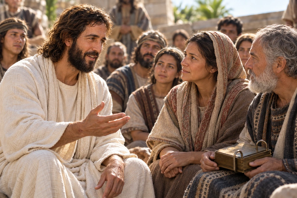 Jesus speaks with seated listeners while an older man holds a bound set of metal plates.
