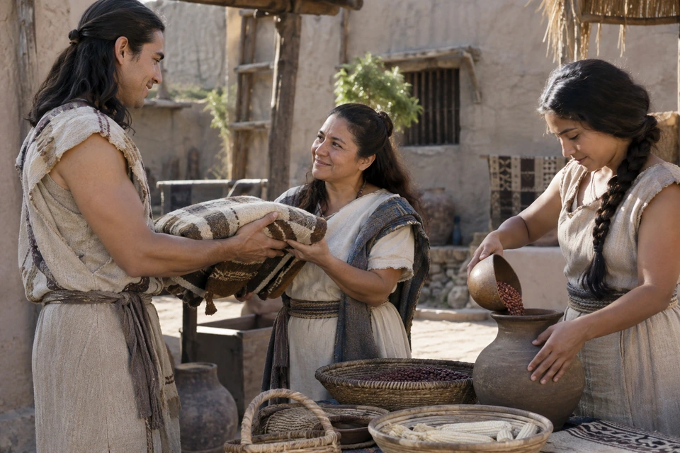 Two people exchange a folded blanket while another pours beans into a household vessel.