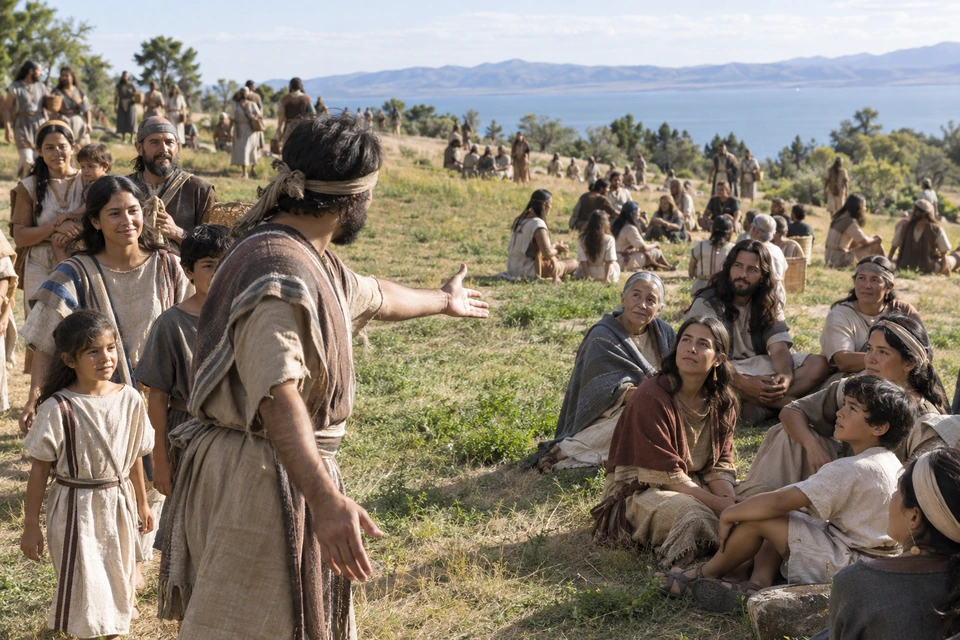 A man gestures toward seated listeners as arriving adults and children join groups on a grassy hillside.
