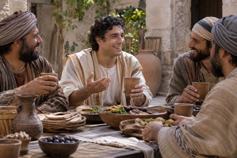 A smiling clean-shaven young man in light clothing sits with three bearded companions around a table of food and cups.