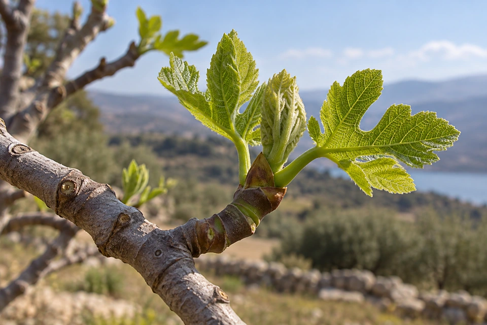 Fresh green lobed leaves unfold around a fig branch tip, with fine hairs and veins catching the sunlight.