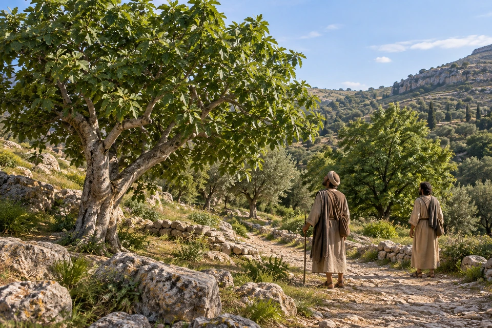 Two travelers pause on a rocky hillside path beside a spreading leafy fig tree, with other green trees across the slope.