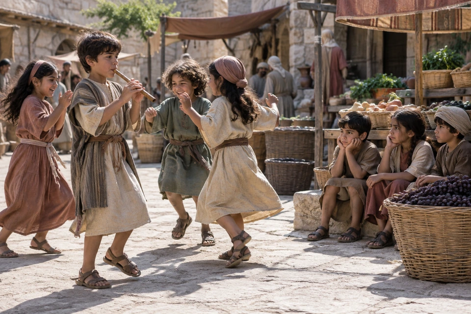 Children play a flute and clap in a marketplace while three other children remain seated nearby.