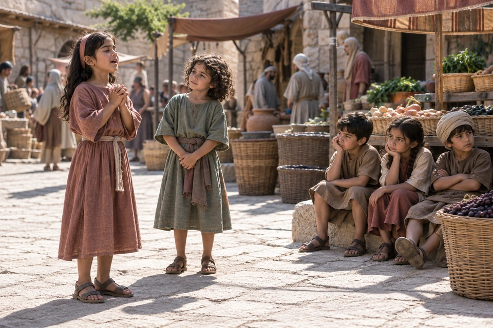 A girl sings with her hands clasped while another child listens and three children sit apart looking uninterested.