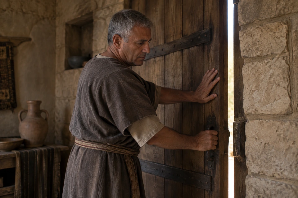 A gray-haired man inside a stone house holds a wooden door by its handle and edge, leaving only a narrow gap of daylight.