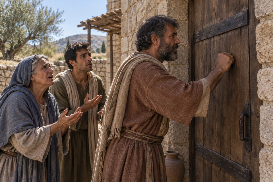 A bearded man holds his knuckles against a closed wooden door while a younger man and an older woman behind him raise open hands toward it.