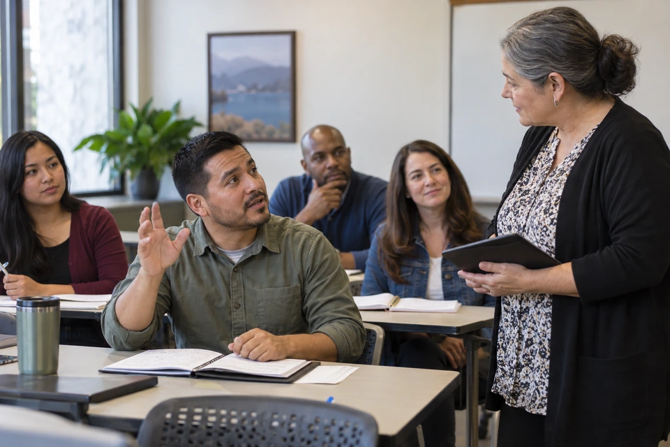 An adult learner raises a hand beside an open notebook while the standing teacher looks toward him.