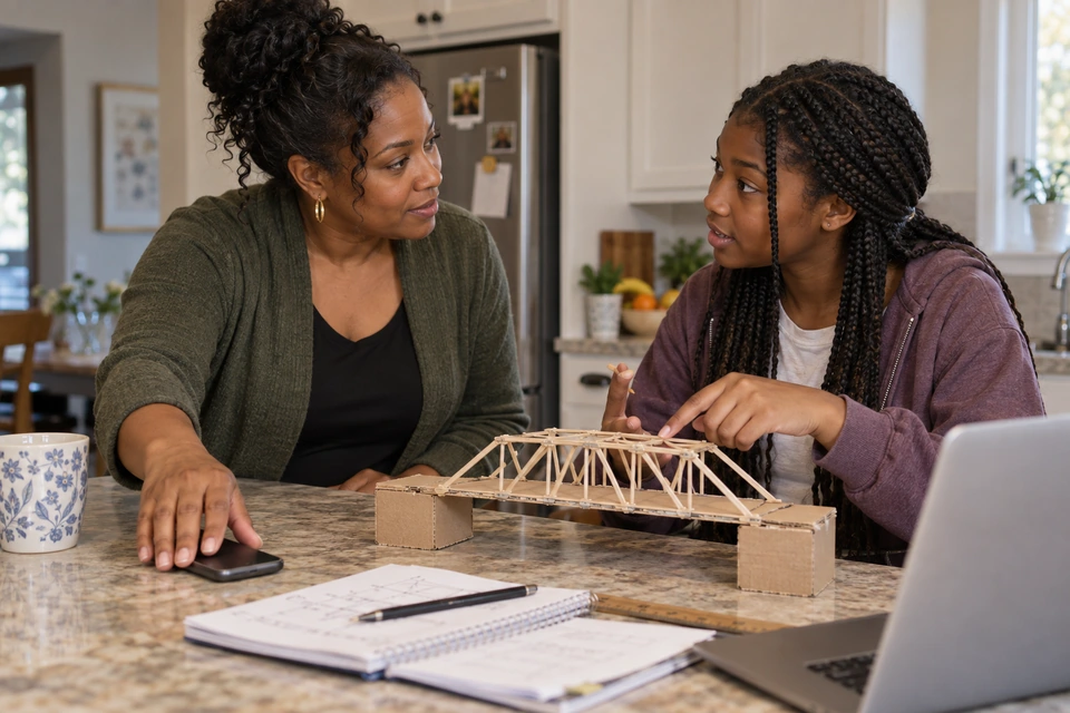 A woman looks toward a young person explaining a small bridge model, with her hand resting on a phone on the counter.