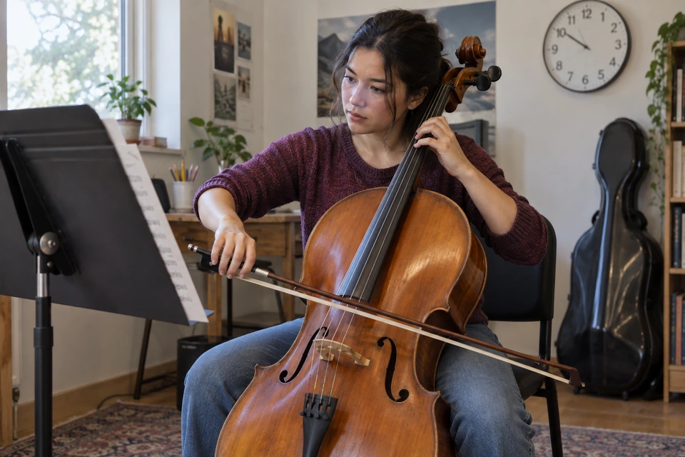 A seated musician holds a cello between her knees, with her left fingers on the fingerboard and her right hand guiding a bow across the strings.