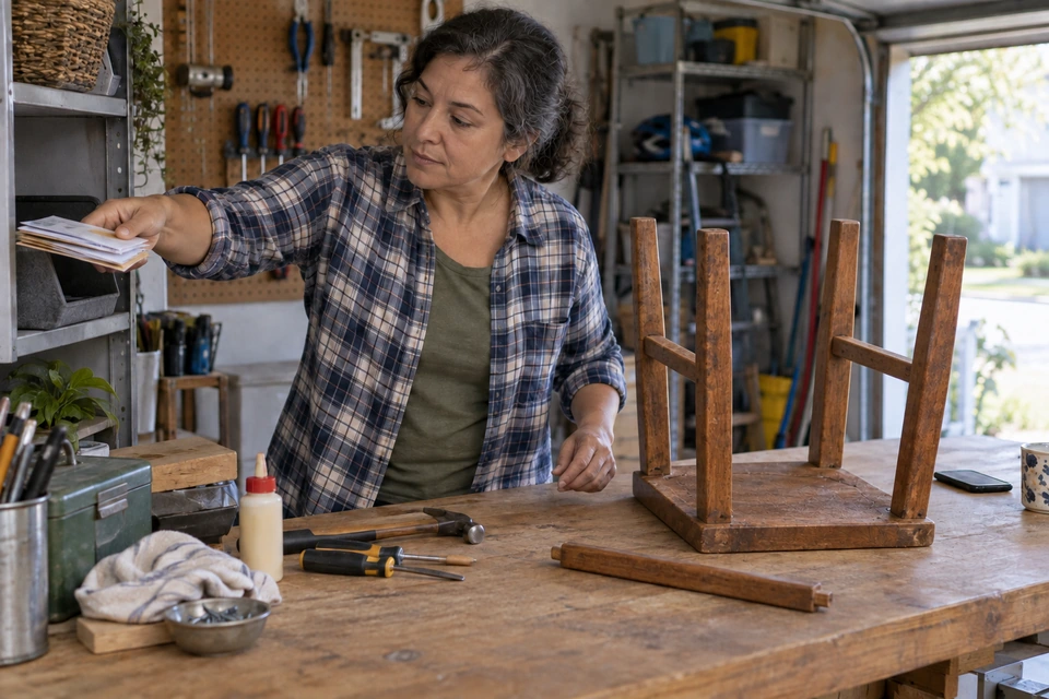 A woman puts papers on a shelf beside an inverted four-legged wooden stool and repair tools on a workbench.