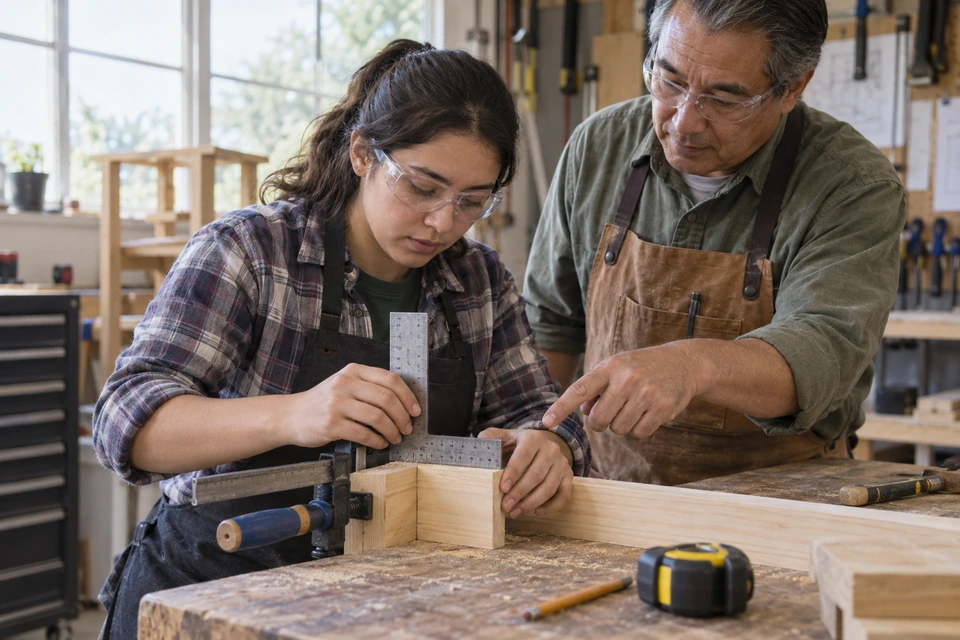 A learner holds a metal square against a wooden assembly while another adult points toward the work.