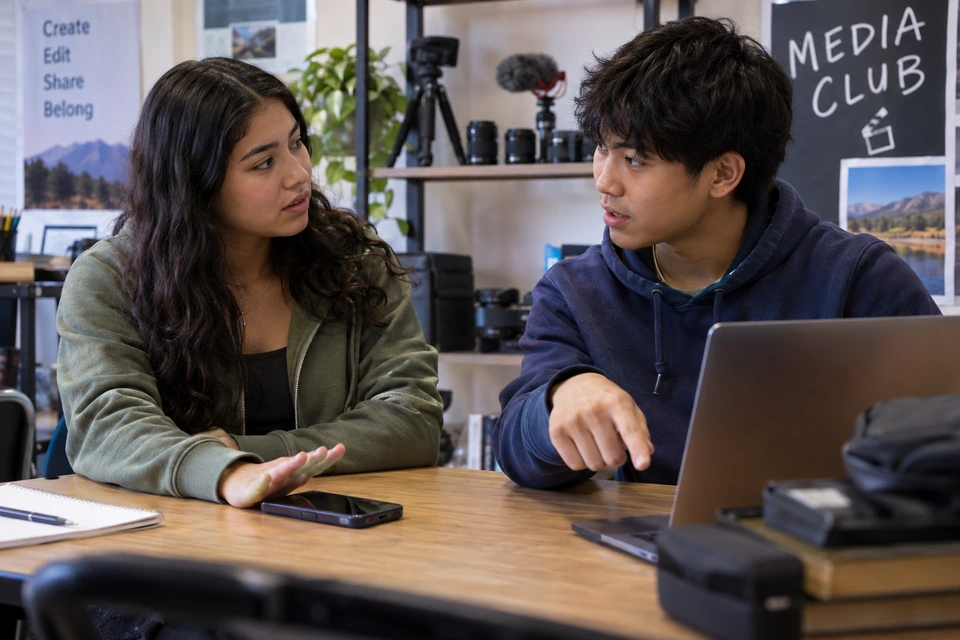 Two young people talk beside a laptop and a phone in a room marked Media Club.