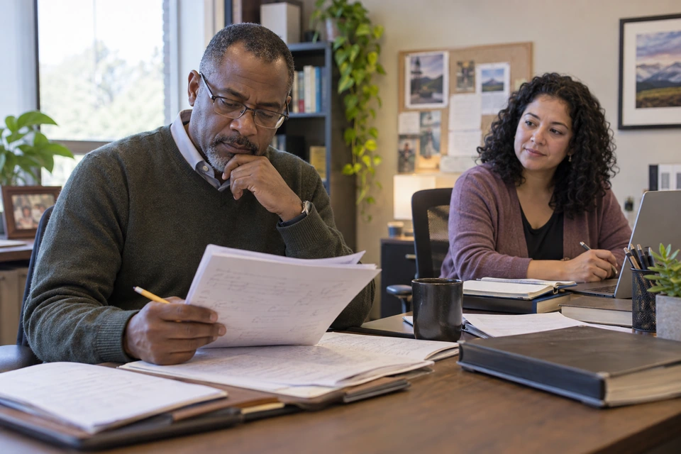 A man studies printed pages with a pencil in hand while a woman sits nearby with a notebook and laptop.